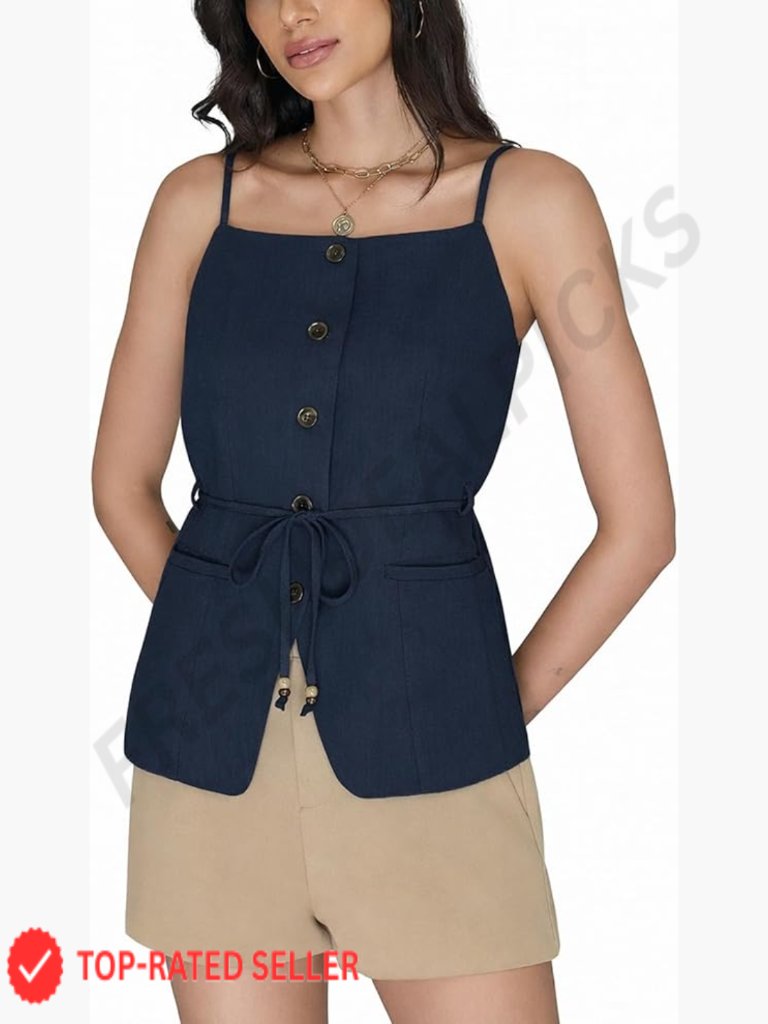 Linen Vest Top Sleeveless Blazer Tie Waist Button Front Chic Modern Work Wear